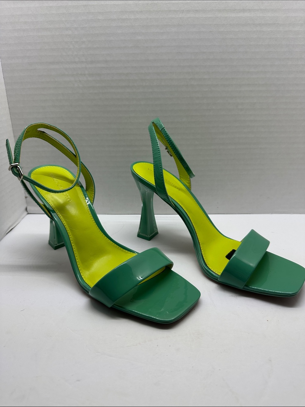 Vince Camuto Green Patent Slingback Heels with Neon Yellow Insole